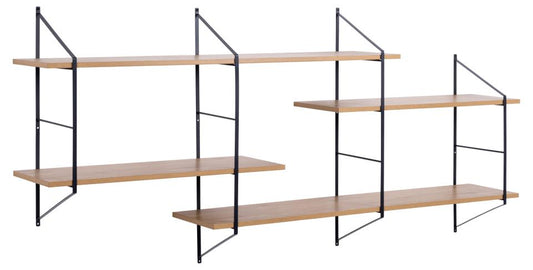 Belfast rectangular wall shelf, frame matt black powder coated steel, 4 shelves matt wild oak rough melamine, with asymmetrical detail, 191x25,5x79 cm