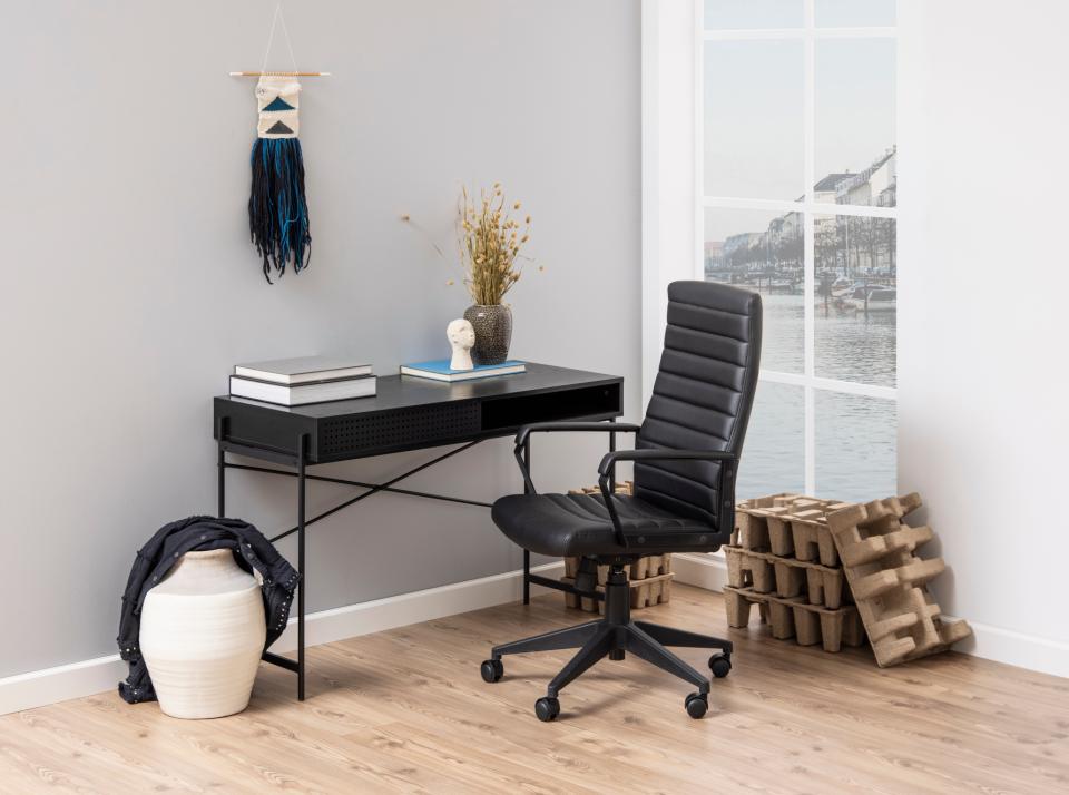 Angus rectangular office desk, top ash black rough melamine, base matt black rough powder coated steel, with metal mesh, open compartment, sliding door and wire hole, 110x50x75 cm