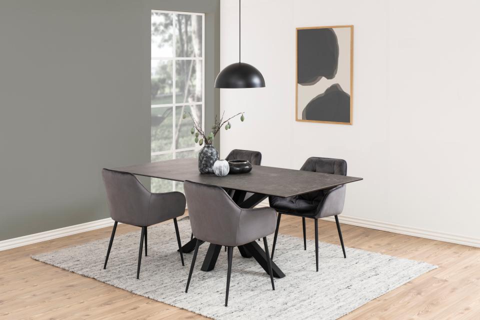 Heaven rectangular dining table, top black Fairbanks rough ceramic, cross base matt black rough powder coated steel, 200x100x75,5 cm