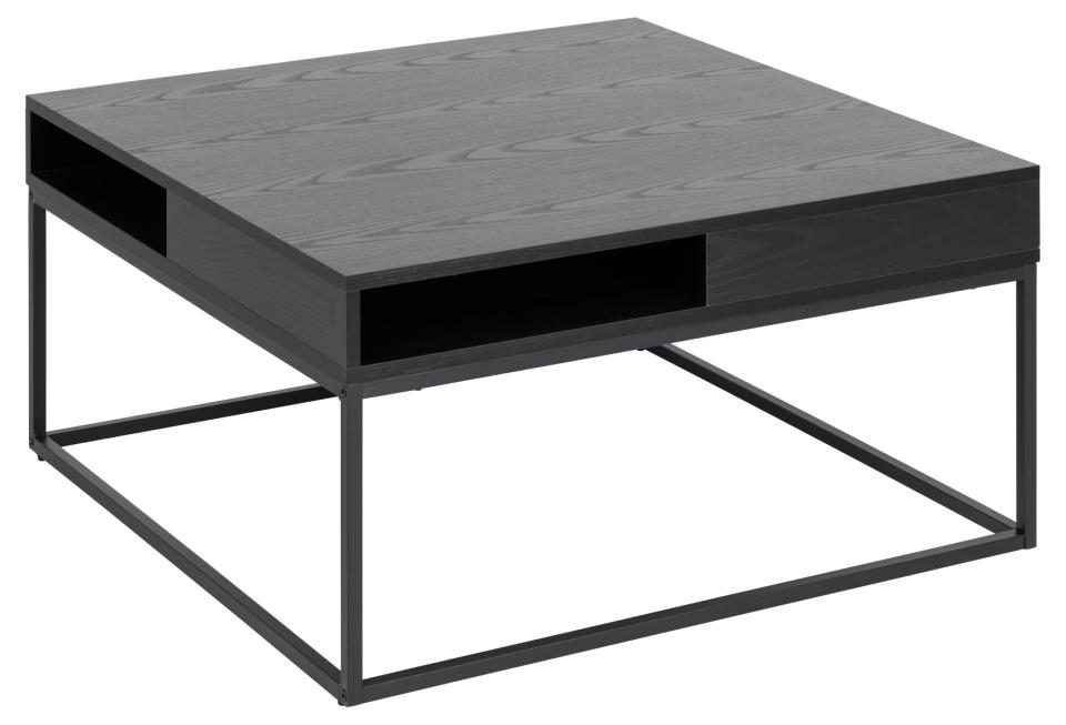 Willford square coffee table, top ash black rough melamine, base matt black rough powder coated steel, with open compartment, 80x80x40 cm