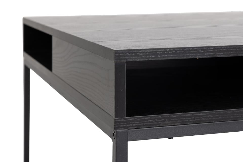 Willford square coffee table, top ash black rough melamine, base matt black rough powder coated steel, with open compartment, 80x80x40 cm