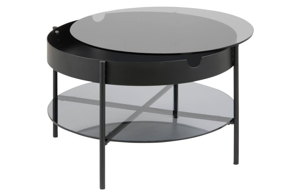 Tipton round coffee table, top and shelf smoked tempered glass, frame and base matt black powder coated steel, with hidden storage, Ø75x45 cm