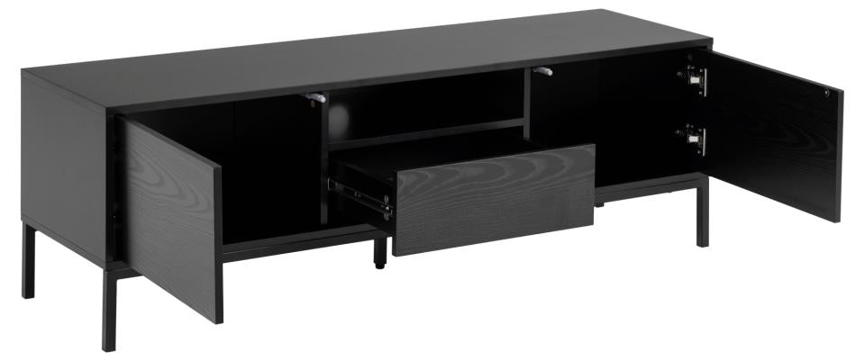 Seaford TV unit, top and frame black PU painted MDF, 2 doors and drawer ash black rough melamine, base matt black rough powder coated steel, with metal runners, full extension, open compartment, push to open function, soft close and wire hole, 140x40x45 c