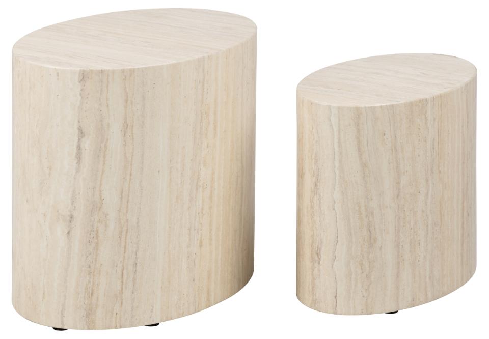 Mice oval coffee table set, top and base travertine rough paper, with set of 2 pcs, 33x48x40 cm