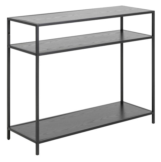 Seaford rectangular console table, top and 2 shelves ash black rough melamine, base matt black rough powder coated steel, 100x35x79 cm