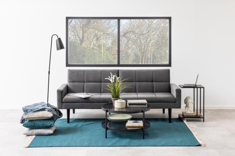 Bayonne round coffee table, top and shelf smoked tempered glass, base matt black rough powder coated steel, Ø79x42 cm