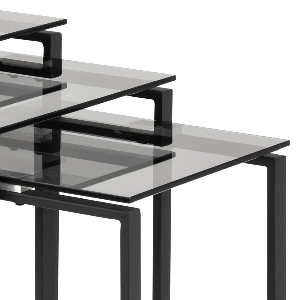 Katrine square nest of tables, top smoked tempered glass, sledge base matt black rough powder coated steel, with set of 3 pcs, 50x50x55 cm