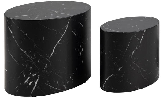 Mice oval coffee table set, top and base black marble Marquina rough paper, with set of 2 pcs, 33x48x40 cm