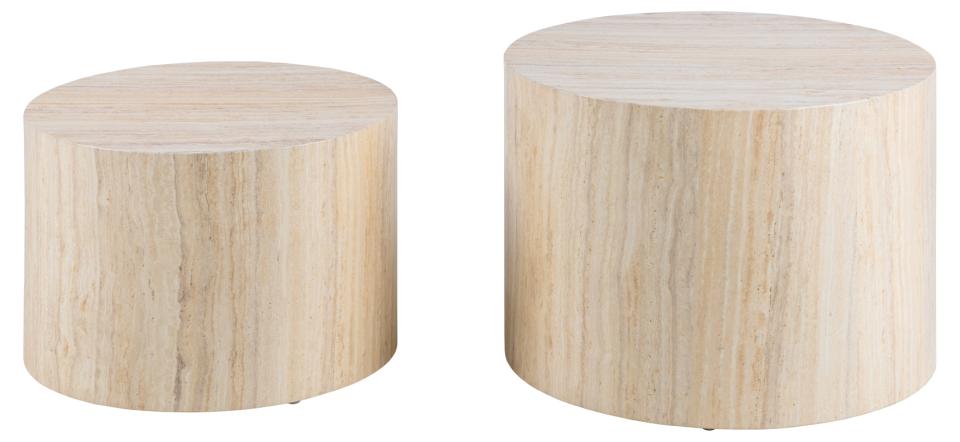 Dice round coffee table set, top and base travertine rough paper, with set of 2 pcs, Ø58x40 cm