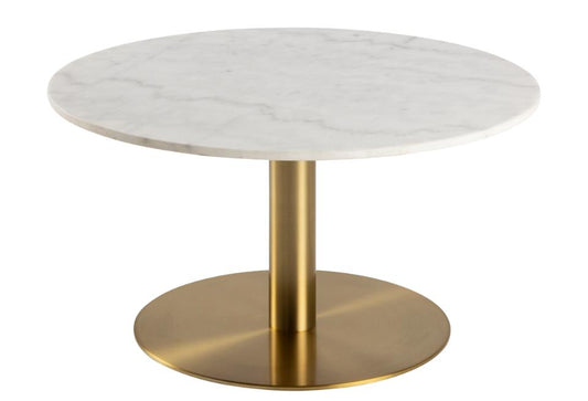 Corby round coffee table, top white Guangxi polished marble, disc base brass brushed steel, Ø80x45 cm