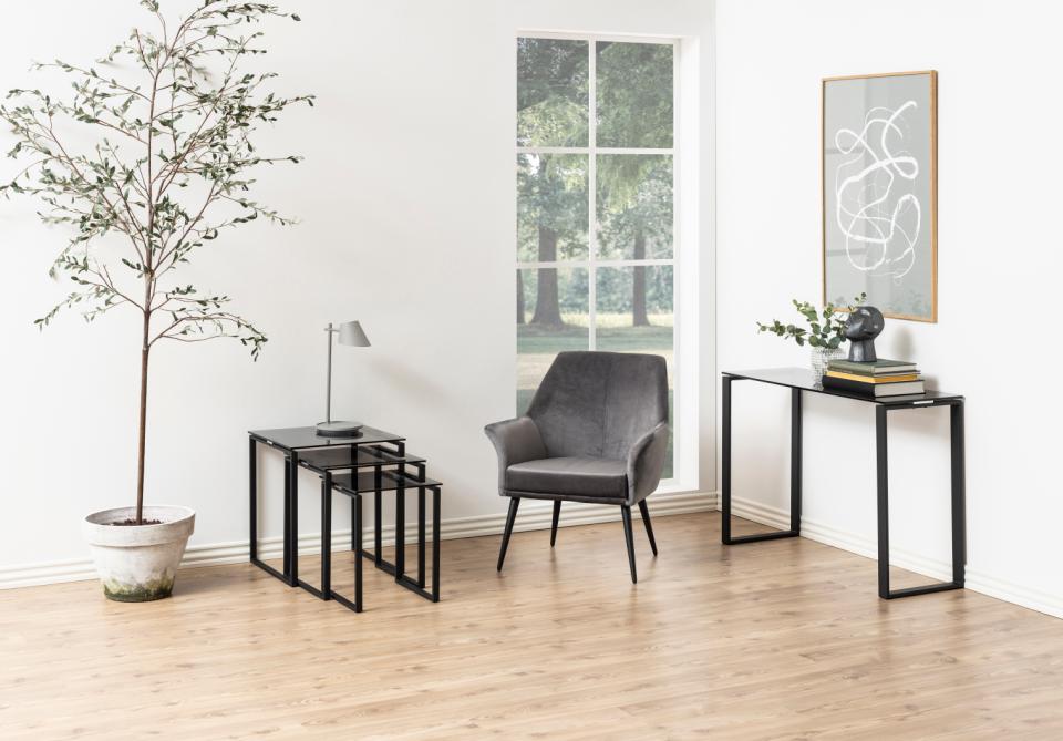 Katrine square nest of tables, top smoked tempered glass, sledge base matt black rough powder coated steel, with set of 3 pcs, 50x50x55 cm