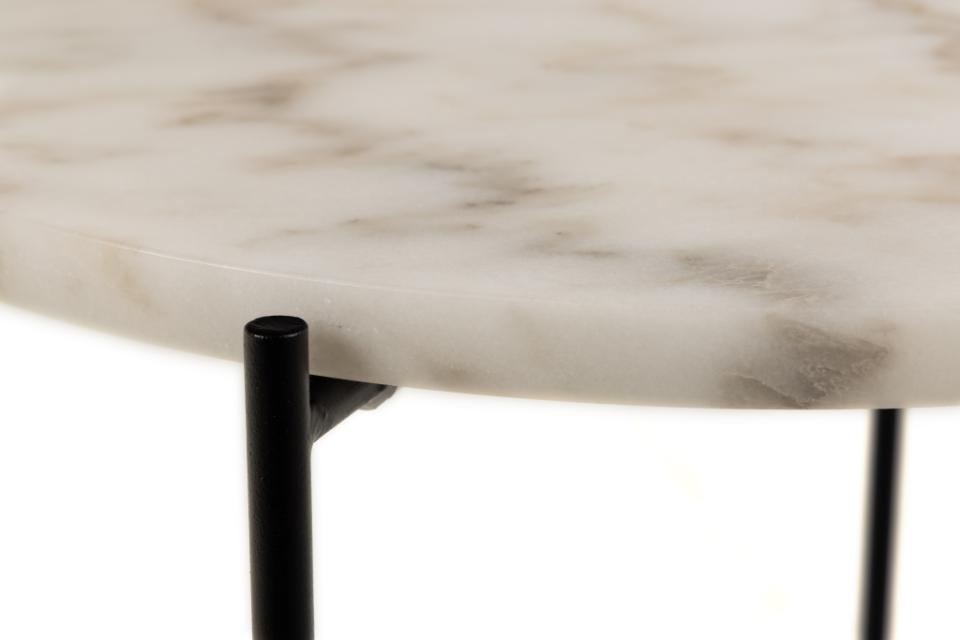 Avila round side table, top white Guangxi polished marble, base matt black rough powder coated steel, Ø42x45 cm