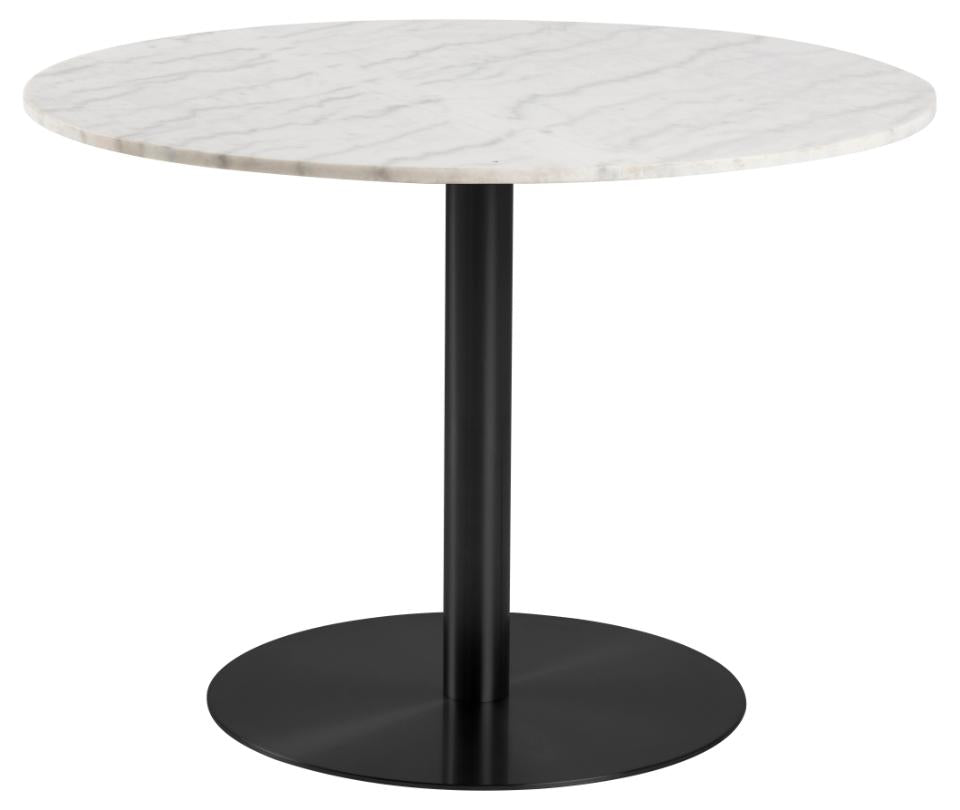 Corby round dining table, top white Guangxi polished marble, disc base matt black rough powder coated steel, Ø105x75 cm