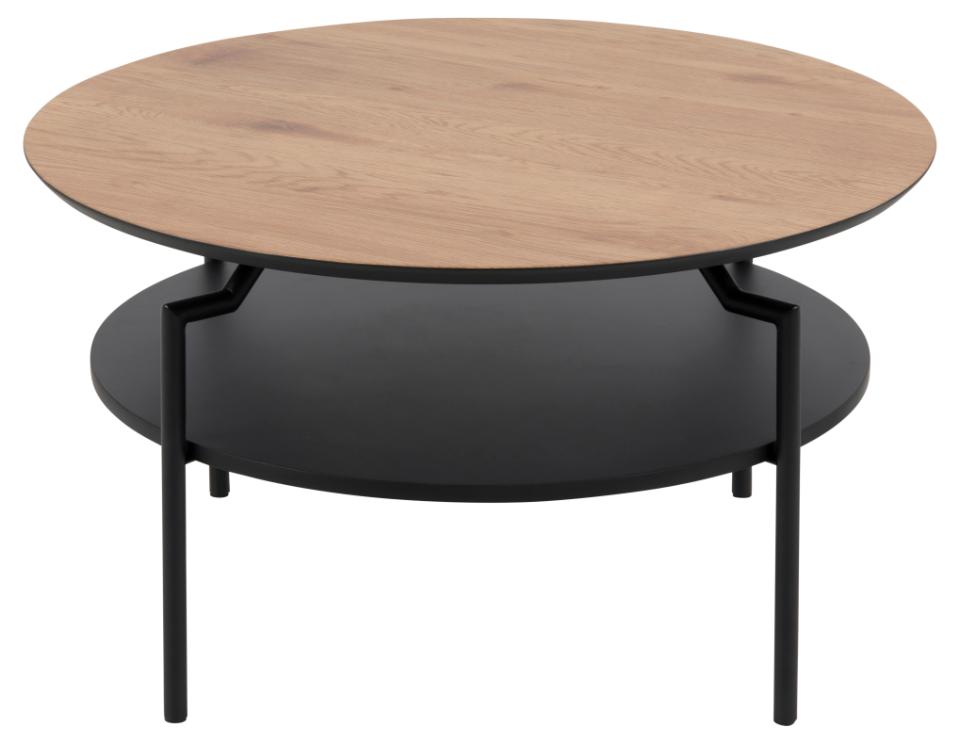 Goldington round coffee table, top matt wild oak rough paper, shelf black PU painted MDF, base matt black rough powder coated steel, Ø80x45 cm