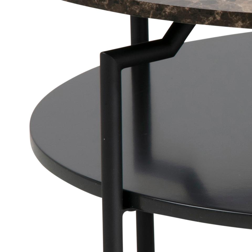 Goldington round coffee table, top brown marble Delhi melamine, shelf black PU painted MDF, base matt black rough powder coated steel, Ø80x45 cm