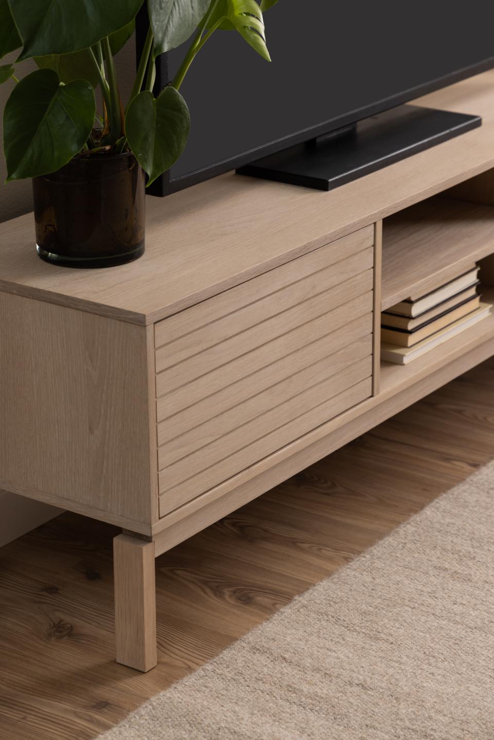 Linley TV unit, top, frame, 2 doors and 3 shelves white pigmented oiled oak veneer, base white pigmented oiled oak, with lamella front and push to open function, 160x40x50 cm