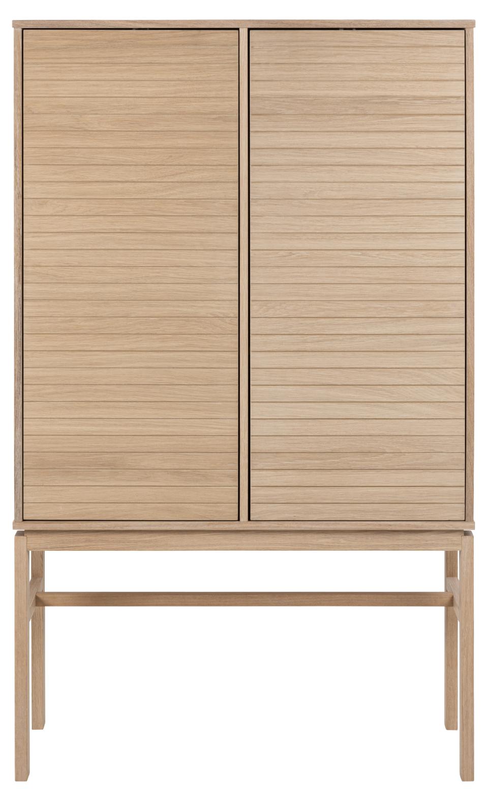 Linley cabinet, top, frame, 2 doors and 4 shelves white pigmented oiled oak veneer, base white pigmented oiled oak, with lamella front and push to open function, 90,8x40x150 cm