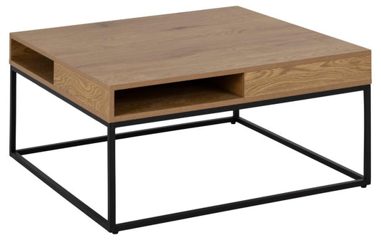 Willford square coffee table, top matt wild oak rough melamine, base matt black rough powder coated steel, with open compartment, 80x80x40 cm