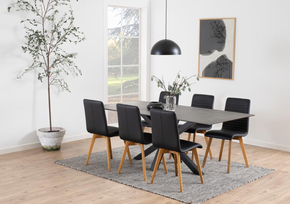 Heaven rectangular dining table, top black Fairbanks rough ceramic, cross base matt black rough powder coated steel, 200x100x75,5 cm