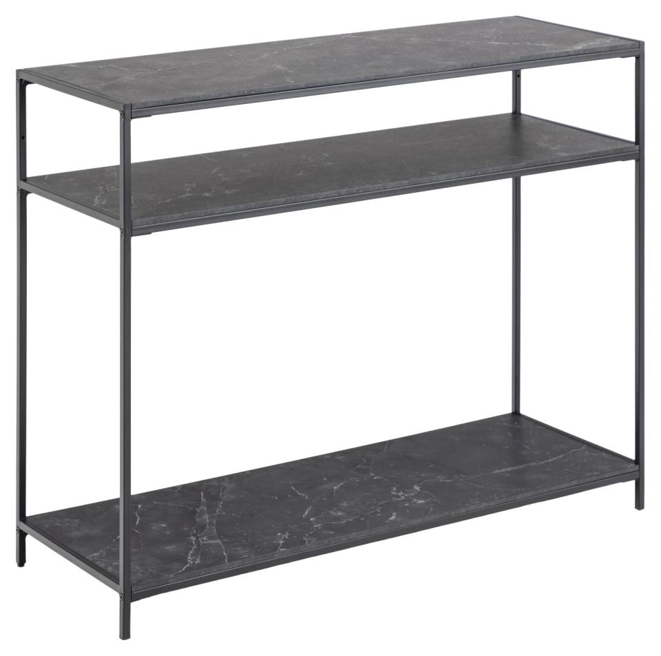 Infinity rectangular console table, top and 2 shelves matt black Izmir rough melamine, base matt black rough powder coated steel, 100x35x79 cm