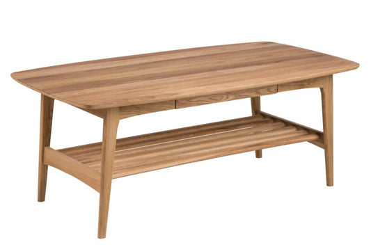 Emma rectangular coffee table, top and drawer oak oiled veneer, shelf and base oiled oak, 130x70x51 cm