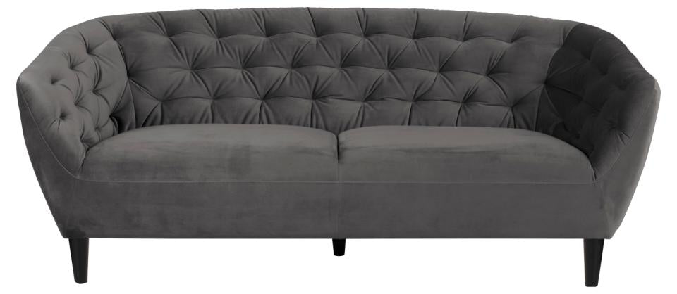 Ria 3-seater, Vic fabric dark grey 28, base black NC lacquered rubberwood, with pocket springs and tuftings, 191x84x78 cm