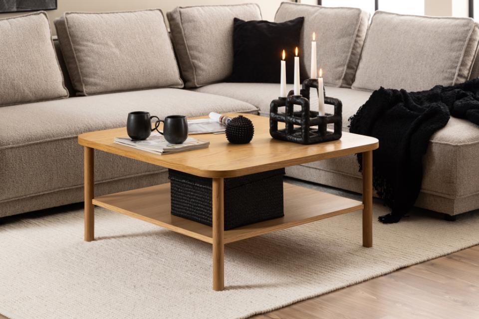 Banbury square coffee table, top and shelf oak PU lacquered veneer, base NC lacquered oak, 90x90x42 cm