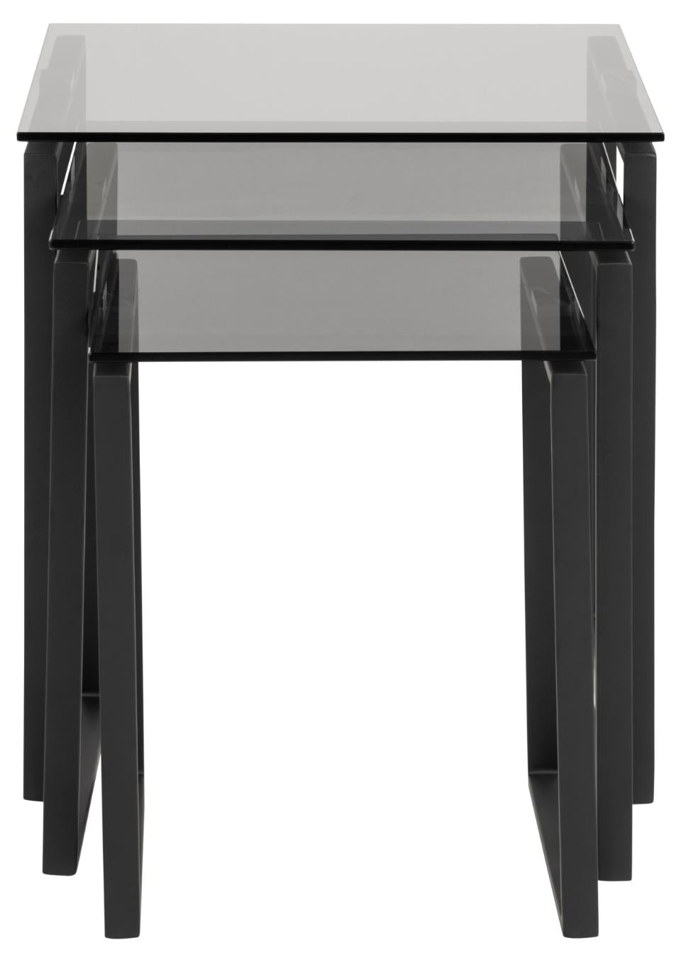 Katrine square nest of tables, top smoked tempered glass, sledge base matt black rough powder coated steel, with set of 3 pcs, 50x50x55 cm