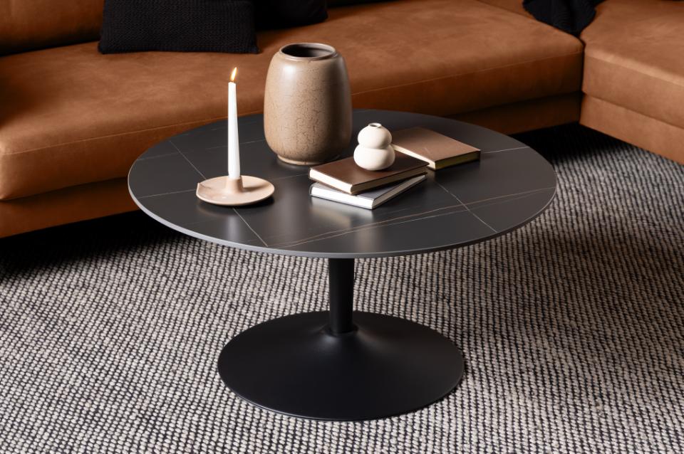 Malta round coffee table, top matt black Grantham ceramic, trumpet base matt black rough powder coated steel, Ø90x45 cm