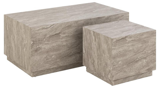 Dice rectangular coffee table set, top and pillar base grey marble River rough paper, with set of 2 pcs, 100x60x42 cm