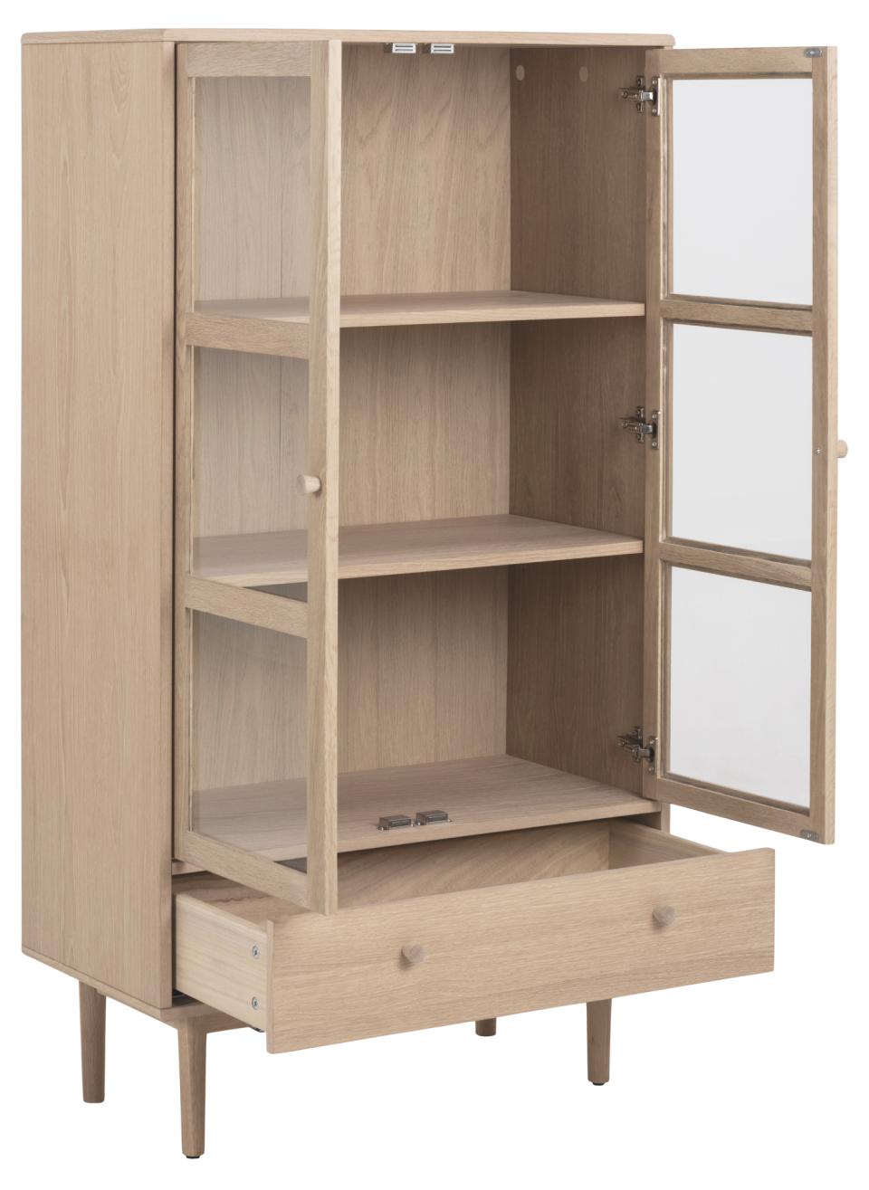 Aston display cabinet, top, frame, drawer and 2 shelves white pigmented oiled oak veneer, 2 doors clear tempered glass and white pigmented oiled oak veneer, base white pigmented oiled oak, with metal runners, 80x40x144,8 cm