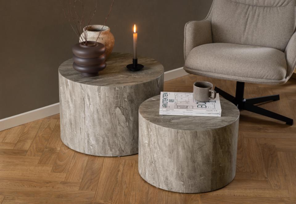 Dice round coffee table set, top and base grey marble River rough paper, with set of 2 pcs, Ø58x40 cm