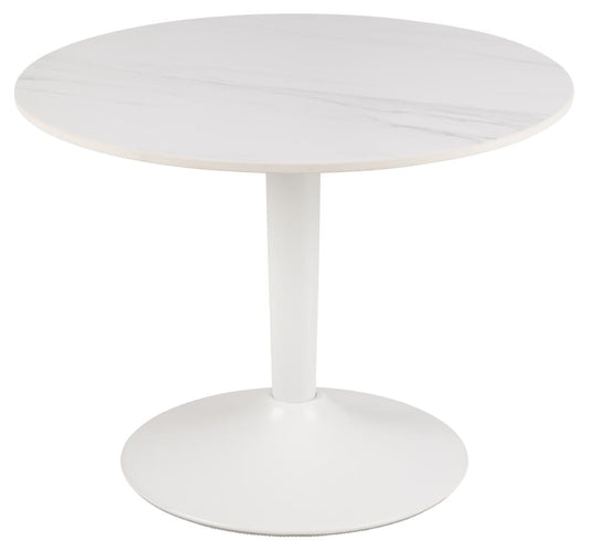 Malta round coffee table, top white Unico rough ceramic, trumpet base white rough powder coated steel, Ø60x45 cm