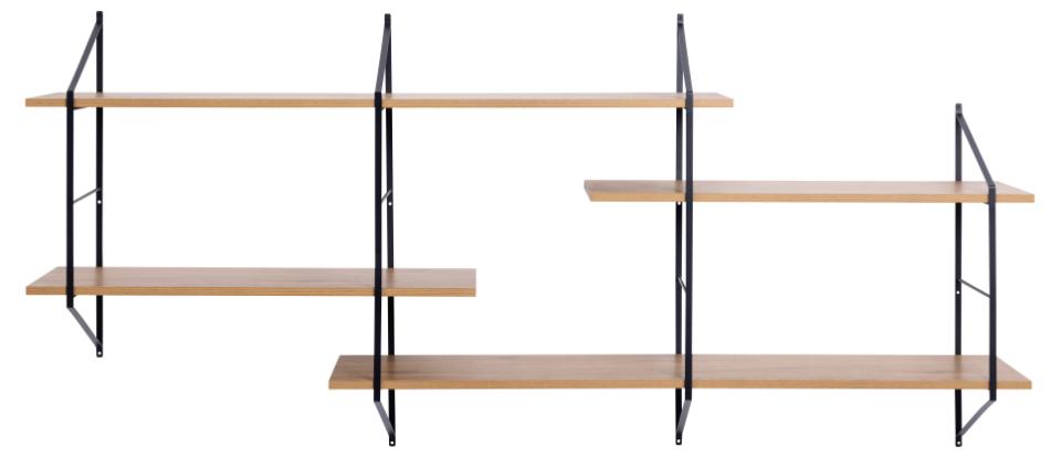 Belfast rectangular wall shelf, frame matt black powder coated steel, 4 shelves matt wild oak rough melamine, with asymmetrical detail, 191x25,5x79 cm