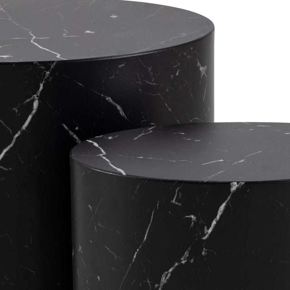 Mice oval coffee table set, top and base black marble Marquina rough paper, with set of 2 pcs, 33x48x40 cm