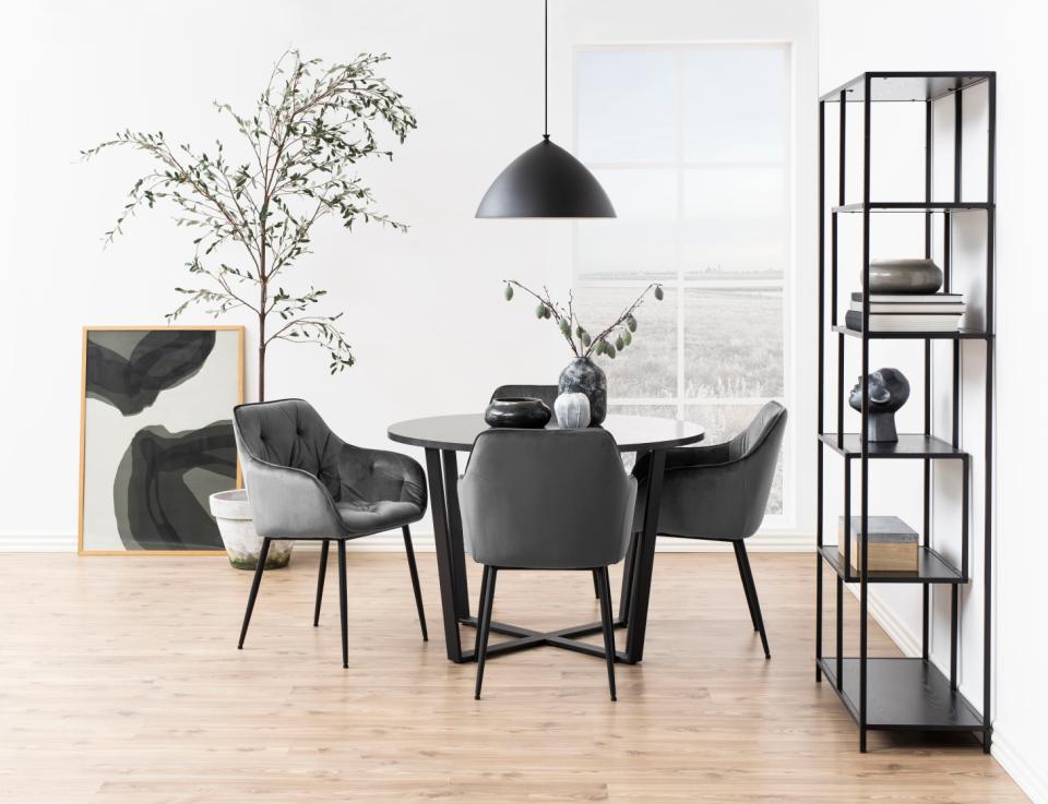 Amble round dining table, top black marble Izmir melamine, base matt black rough powder coated steel, Ø110x75 cm