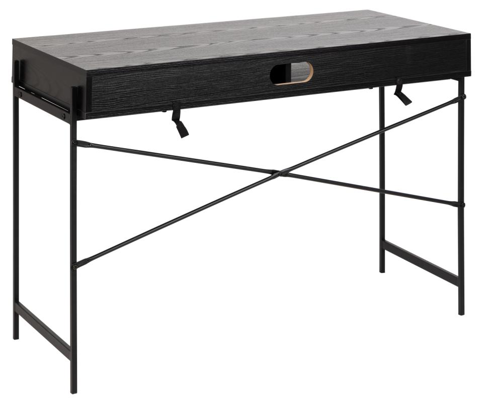 Angus rectangular office desk, top ash black rough melamine, base matt black rough powder coated steel, with metal mesh, open compartment, sliding door and wire hole, 110x50x75 cm