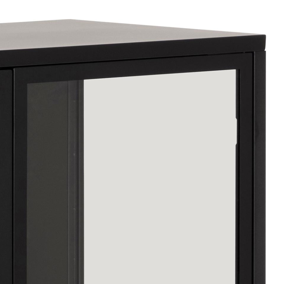 Newcastle display cabinet, top, frame, shelf and base matt black rough powder coated steel, 2 doors clear tempered glass and matt black rough powder coated steel, 80x40x98,7 cm