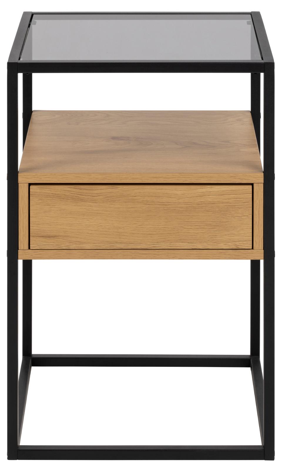 Randolf square bedside table, top smoked tempered glass, drawer and shelf matt wild oak rough melamine, base matt black rough powder coated steel, with open compartment, 40x35x60 cm