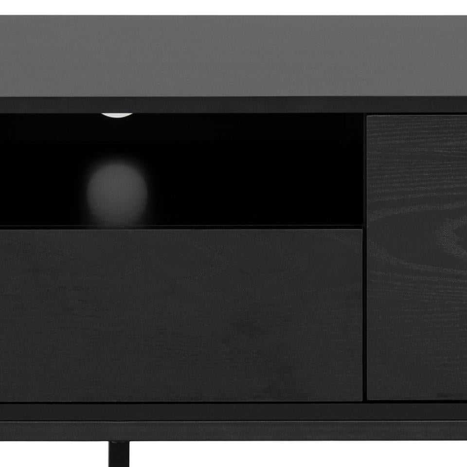 Seaford TV unit, top and frame black PU painted MDF, 2 doors and drawer ash black rough melamine, base matt black rough powder coated steel, with metal runners, full extension, open compartment, push to open function, soft close and wire hole, 140x40x45 c