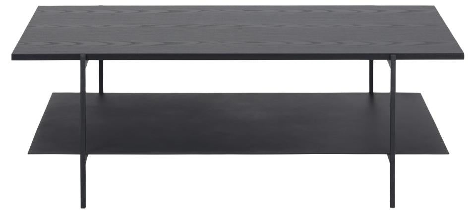 Angus rectangular coffee table, top ash black rough melamine, shelf and base matt black rough powder coated steel, 115x60x40 cm