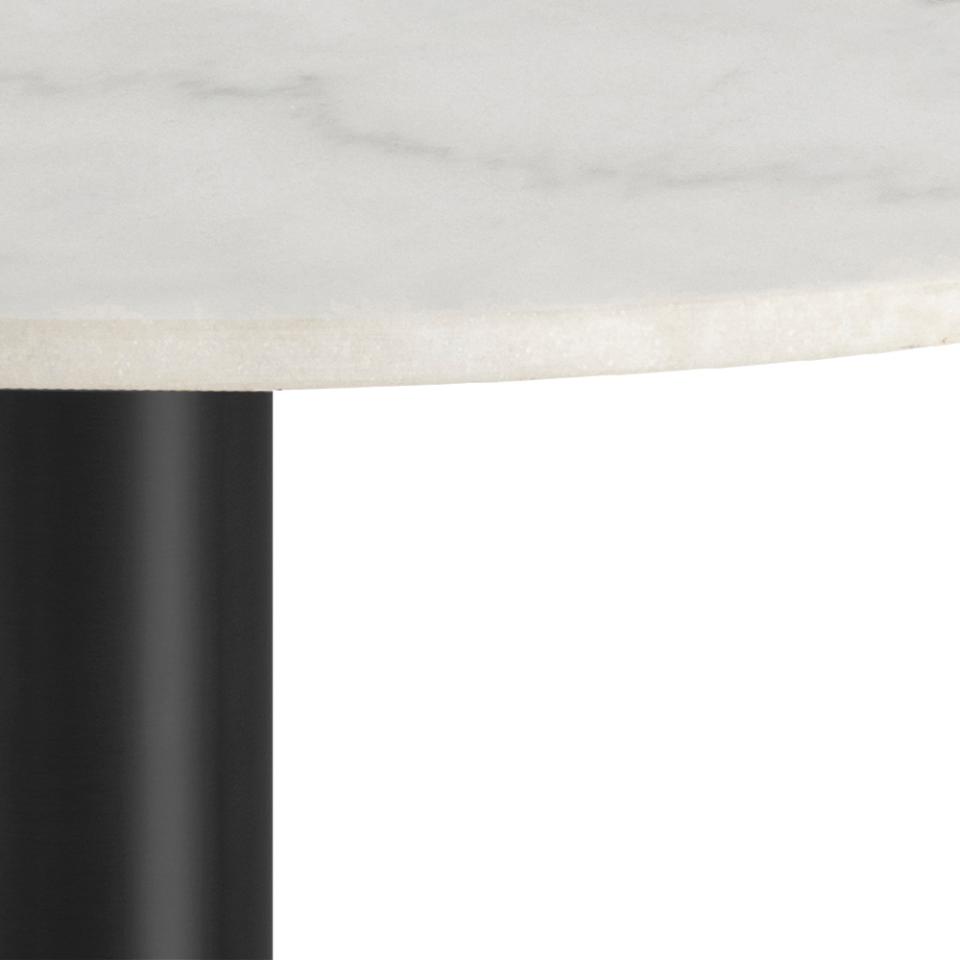 Corby round dining table, top white Guangxi polished marble, disc base matt black rough powder coated steel, Ø105x75 cm