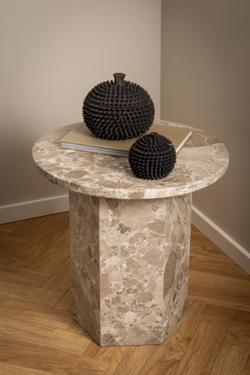 Naxos round side table, top and pillar base matt Latte brown lacquered marble, Ø50x50 cm