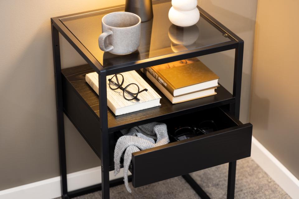 Randolf square bedside table, top smoked tempered glass, drawer and shelf ash black rough melamine, base matt black rough powder coated steel, with open compartment, 40x35x60 cm