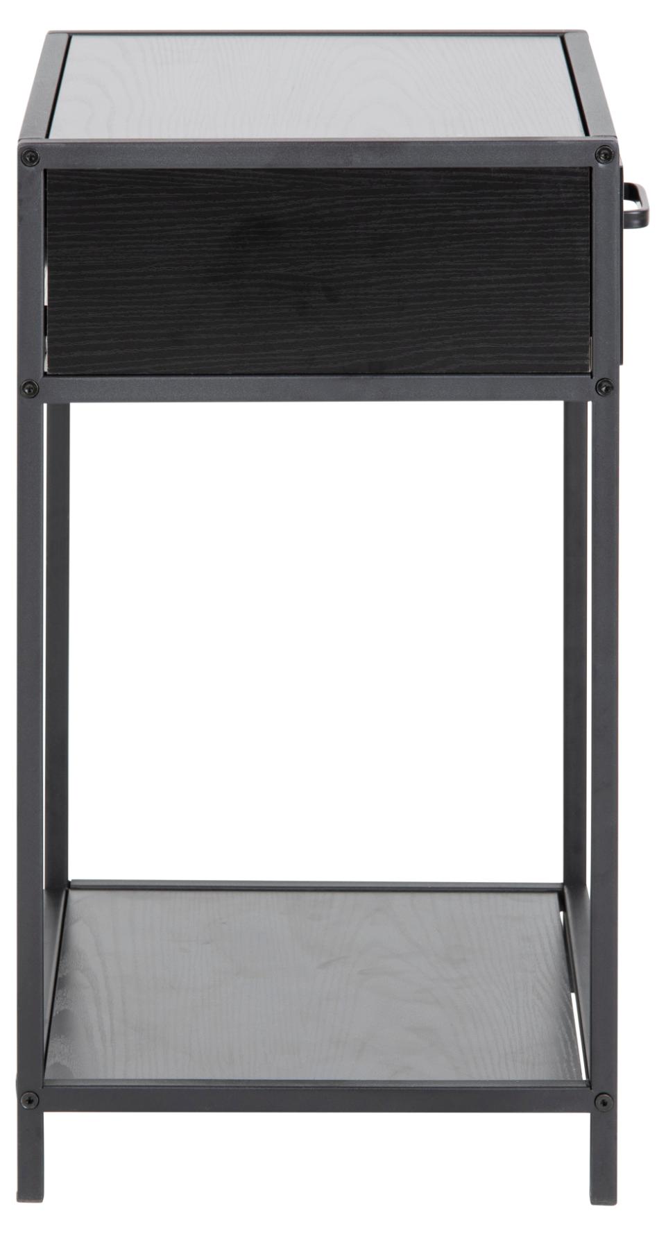 Seaford rectangular bedside table, top, drawer and shelf ash black rough melamine, base matt black rough powder coated steel, with metal runners, 42x35x63 cm