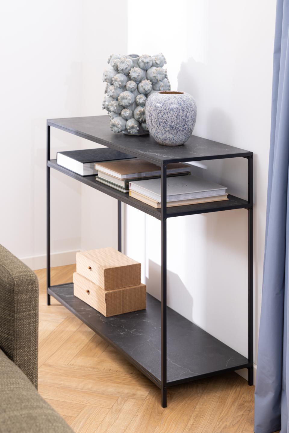 Infinity rectangular console table, top and 2 shelves matt black Izmir rough melamine, base matt black rough powder coated steel, 100x35x79 cm