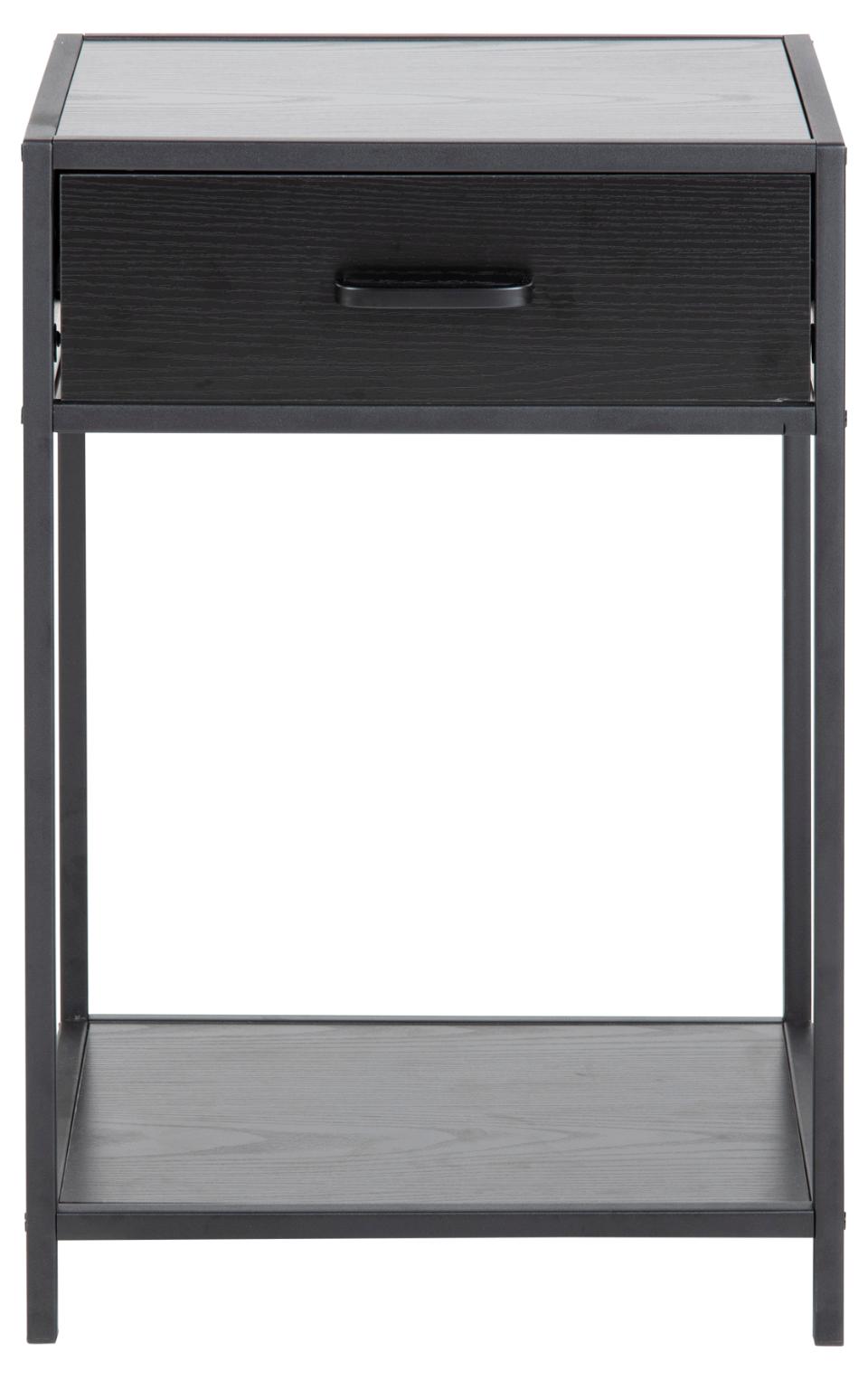 Seaford rectangular bedside table, top, drawer and shelf ash black rough melamine, base matt black rough powder coated steel, with metal runners, 42x35x63 cm