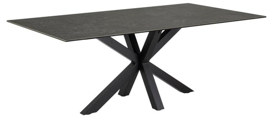 Heaven rectangular dining table, top black Fairbanks rough ceramic, cross base matt black rough powder coated steel, 200x100x75,5 cm