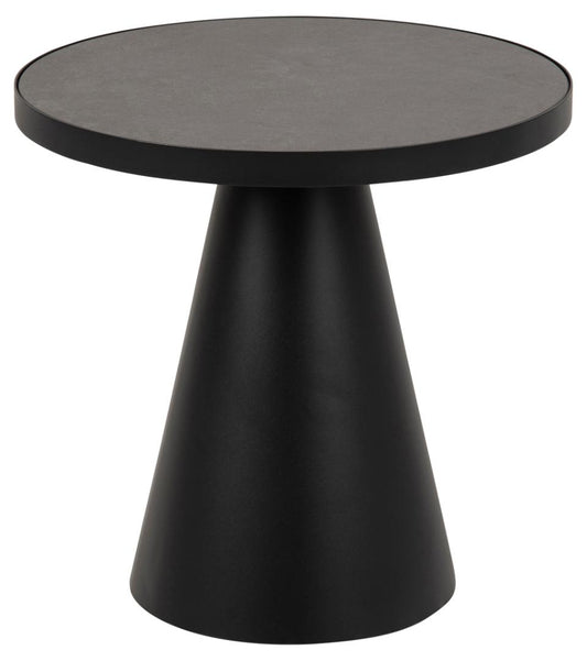 Soli round coffee table, top black Fairbanks rough ceramic, pillar base matt black rough powder coated steel, Ø45,7x45 cm