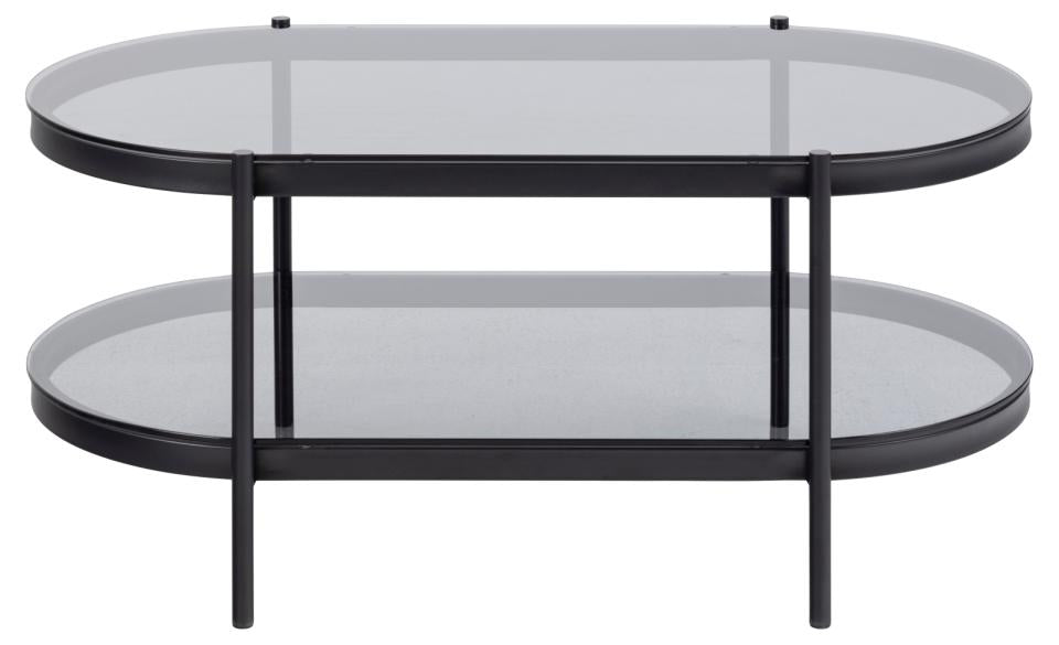 Bayonne oval coffee table, top and shelf smoked tempered glass, base matt black rough powder coated steel, 95x50x42 cm